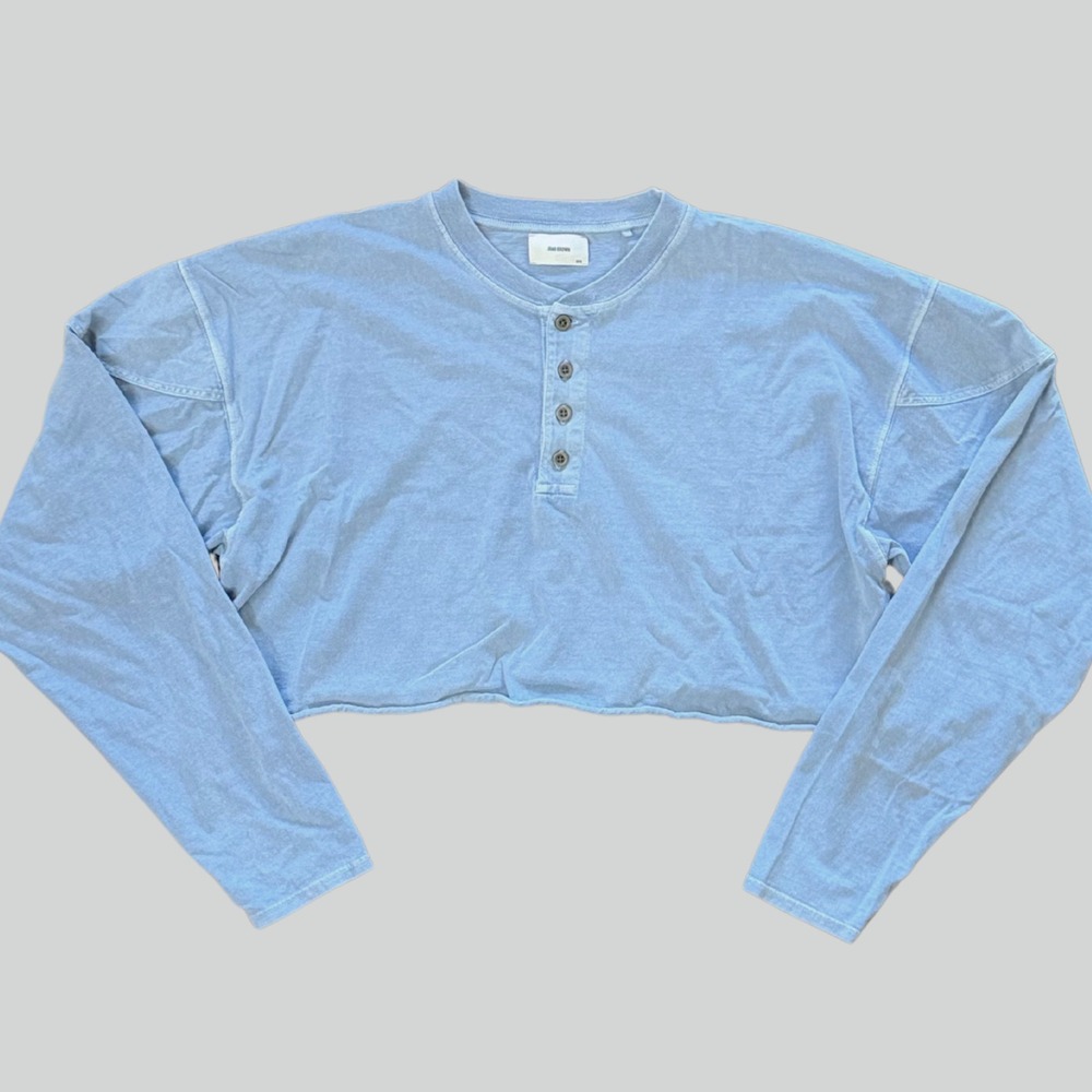 Joah Brown Oversized Henley Cropped Long Sleeve Top M/L Light Blue Raw Hem
